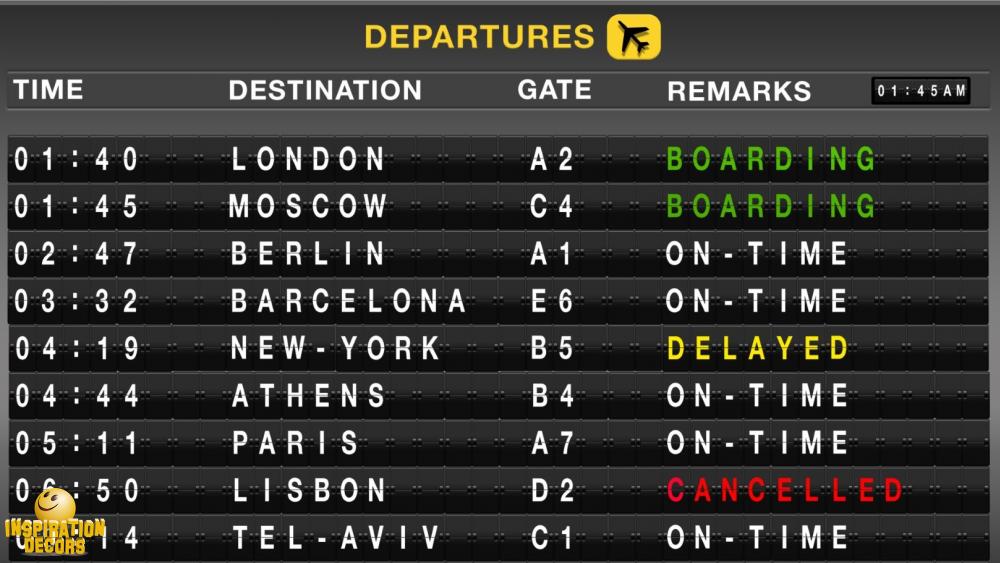verhuur decor luchthaven bord departures vertrekken huren