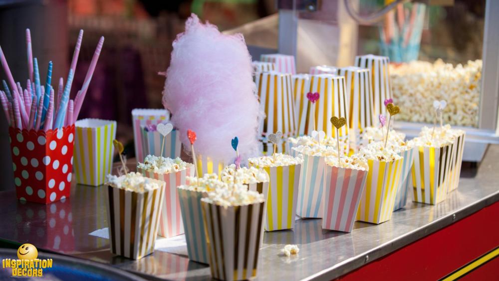 verhuur decor achtergrond kraampje suikerspin popcorn te huur
