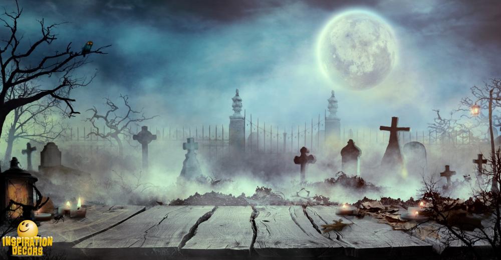 Blauwe plek privacy Carrière Decor doek 'Halloween Kerkhof' te huur | Inspirationdecors